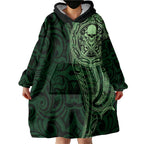 New Zealand Skull Darts Wearable Blanket Hoodie Aotearoa Maori Chest Tattoo Stylized Green - Aussie Hoodie