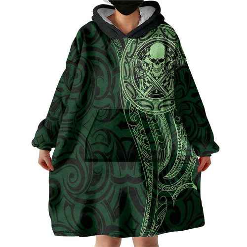New Zealand Skull Darts Wearable Blanket Hoodie Aotearoa Maori Chest Tattoo Stylized Green - Aussie Hoodie
