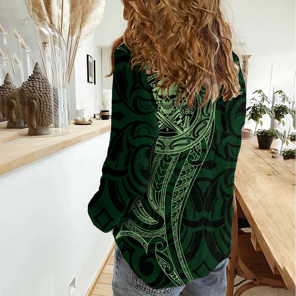 New Zealand Skull Darts Women Casual Shirt Aotearoa Maori Chest Tattoo Stylized Green - Aussie Hoodie