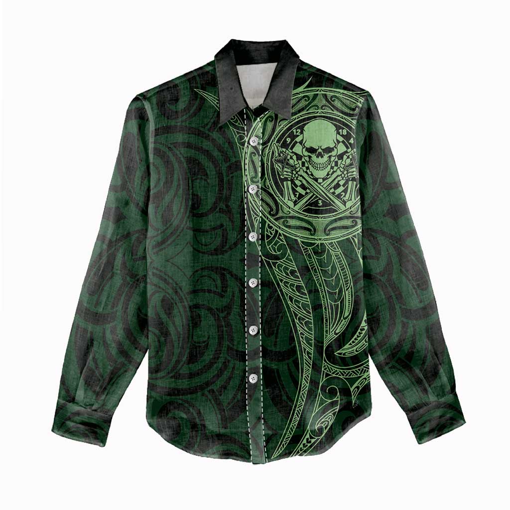 New Zealand Skull Darts Women Casual Shirt Aotearoa Maori Chest Tattoo Stylized Green - Aussie Hoodie