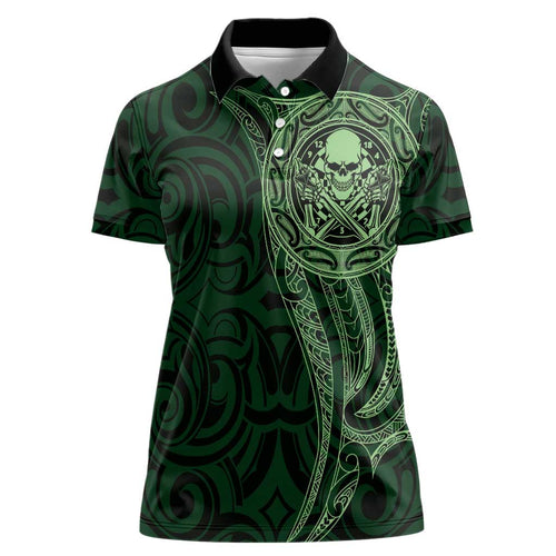 New Zealand Skull Darts Women Polo Shirt Aotearoa Maori Chest Tattoo Stylized Green - Aussie Hoodie