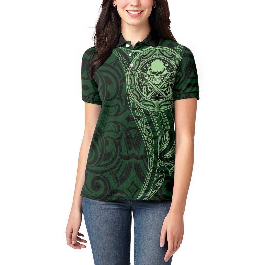 New Zealand Skull Darts Women Polo Shirt Aotearoa Maori Chest Tattoo Stylized Green - Aussie Hoodie