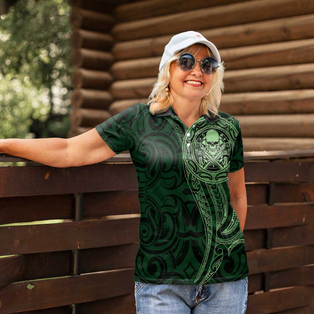 New Zealand Skull Darts Women Polo Shirt Aotearoa Maori Chest Tattoo Stylized Green - Aussie Hoodie