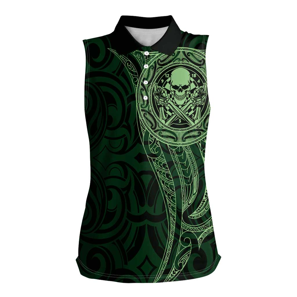 New Zealand Skull Darts Women Sleeveless Polo Shirt Aotearoa Maori Chest Tattoo Stylized Green - Aussie Hoodie