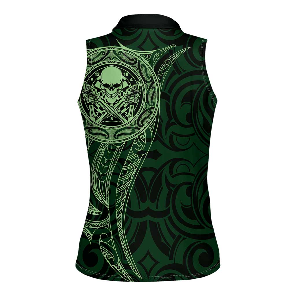 New Zealand Skull Darts Women Sleeveless Polo Shirt Aotearoa Maori Chest Tattoo Stylized Green - Aussie Hoodie