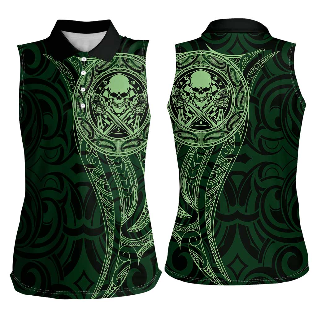 New Zealand Skull Darts Women Sleeveless Polo Shirt Aotearoa Maori Chest Tattoo Stylized Green - Aussie Hoodie