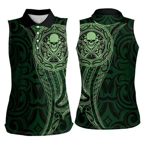 New Zealand Skull Darts Women Sleeveless Polo Shirt Aotearoa Maori Chest Tattoo Stylized Green - Aussie Hoodie
