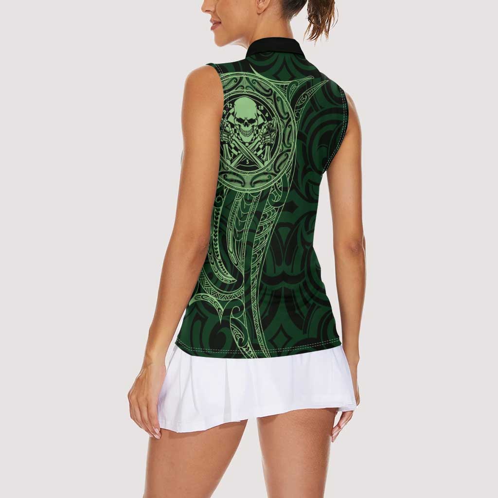New Zealand Skull Darts Women Sleeveless Polo Shirt Aotearoa Maori Chest Tattoo Stylized Green - Aussie Hoodie