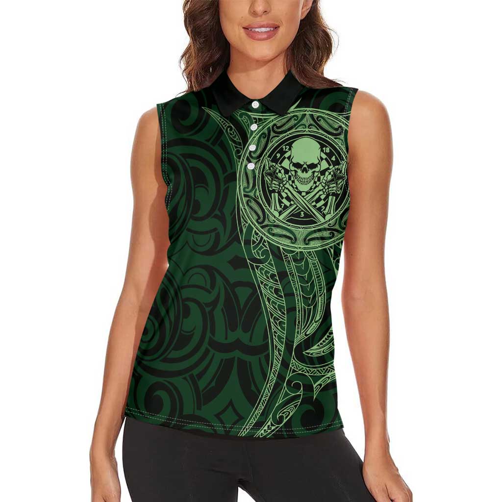 New Zealand Skull Darts Women Sleeveless Polo Shirt Aotearoa Maori Chest Tattoo Stylized Green - Aussie Hoodie