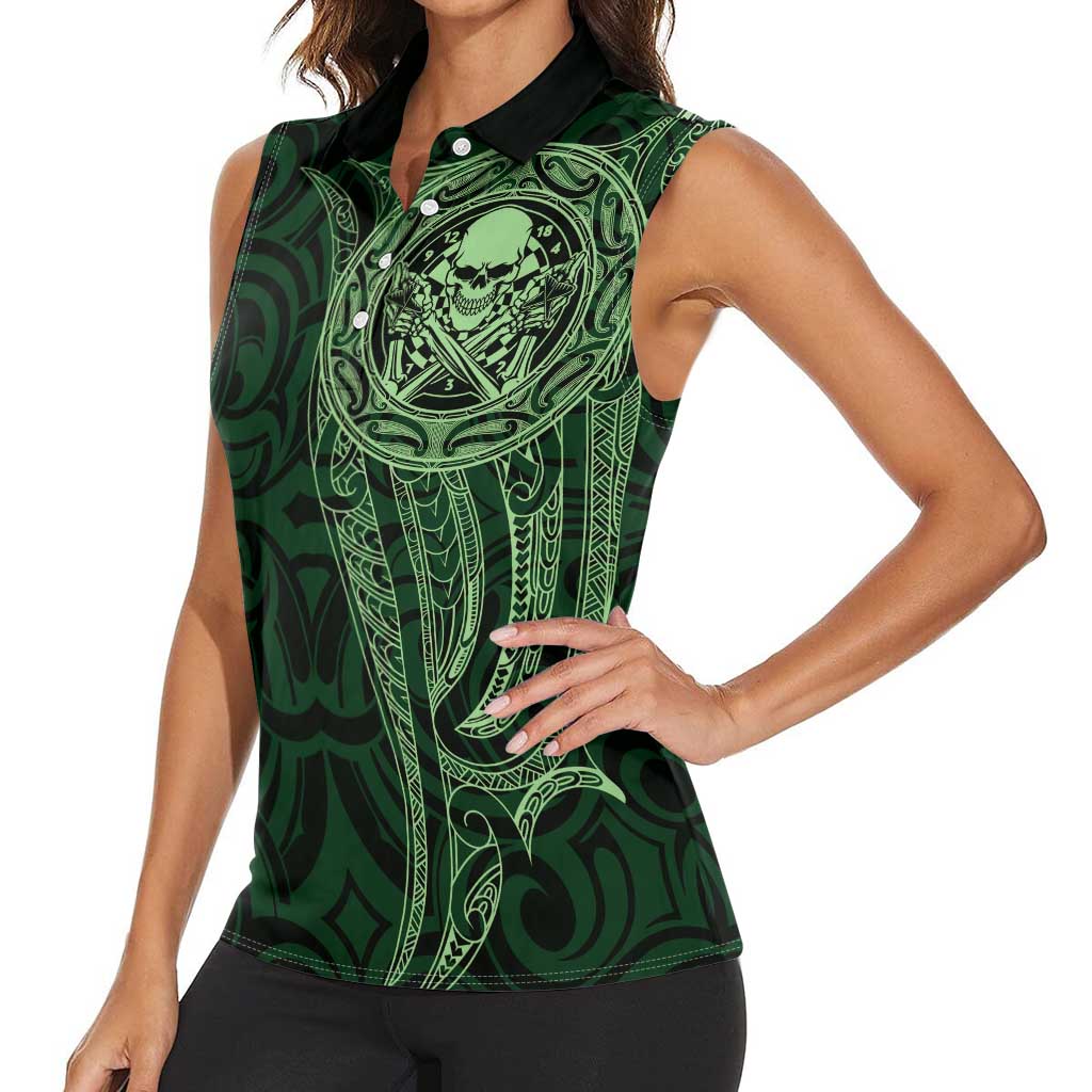 New Zealand Skull Darts Women Sleeveless Polo Shirt Aotearoa Maori Chest Tattoo Stylized Green - Aussie Hoodie