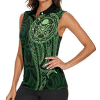 New Zealand Skull Darts Women Sleeveless Polo Shirt Aotearoa Maori Chest Tattoo Stylized Green - Aussie Hoodie