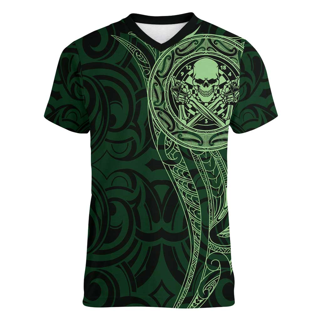 New Zealand Skull Darts Women V-Neck T-Shirt Aotearoa Maori Chest Tattoo Stylized Green - Aussie Hoodie