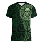 New Zealand Skull Darts Women V-Neck T-Shirt Aotearoa Maori Chest Tattoo Stylized Green - Aussie Hoodie