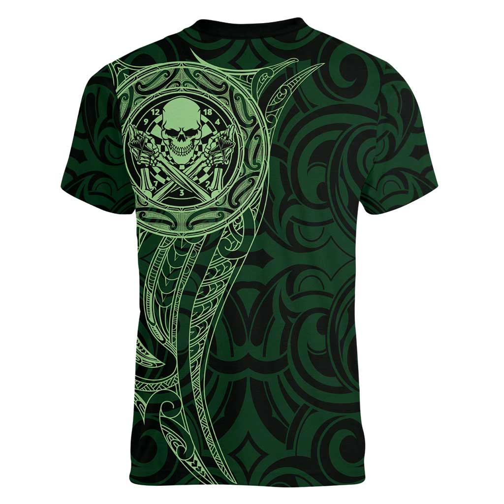 New Zealand Skull Darts Women V-Neck T-Shirt Aotearoa Maori Chest Tattoo Stylized Green - Aussie Hoodie