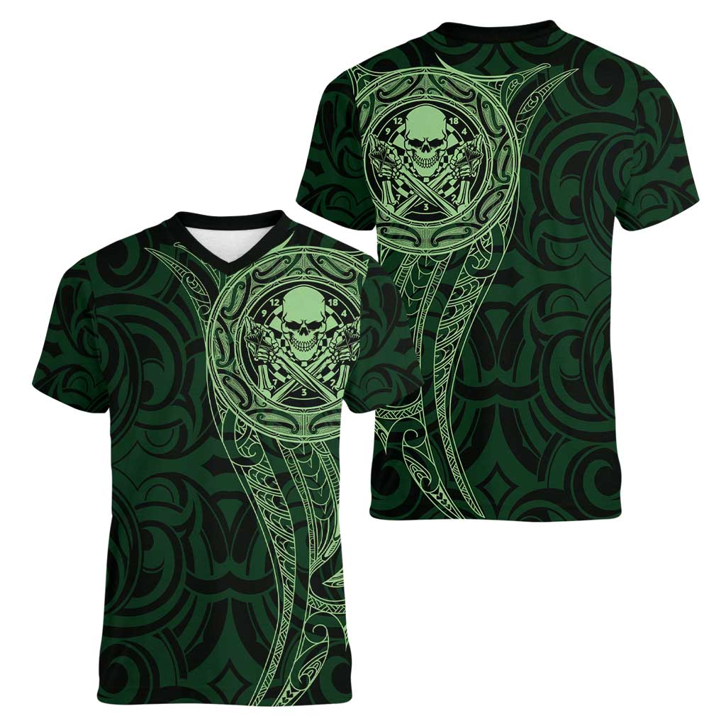 New Zealand Skull Darts Women V-Neck T-Shirt Aotearoa Maori Chest Tattoo Stylized Green - Aussie Hoodie