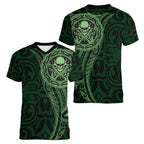 New Zealand Skull Darts Women V-Neck T-Shirt Aotearoa Maori Chest Tattoo Stylized Green - Aussie Hoodie