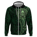 New Zealand Skull Darts Zip Hoodie Aotearoa Maori Chest Tattoo Stylized Green - Aussie Hoodie