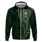 New Zealand Skull Darts Zip Hoodie Aotearoa Maori Chest Tattoo Stylized Green - Aussie Hoodie