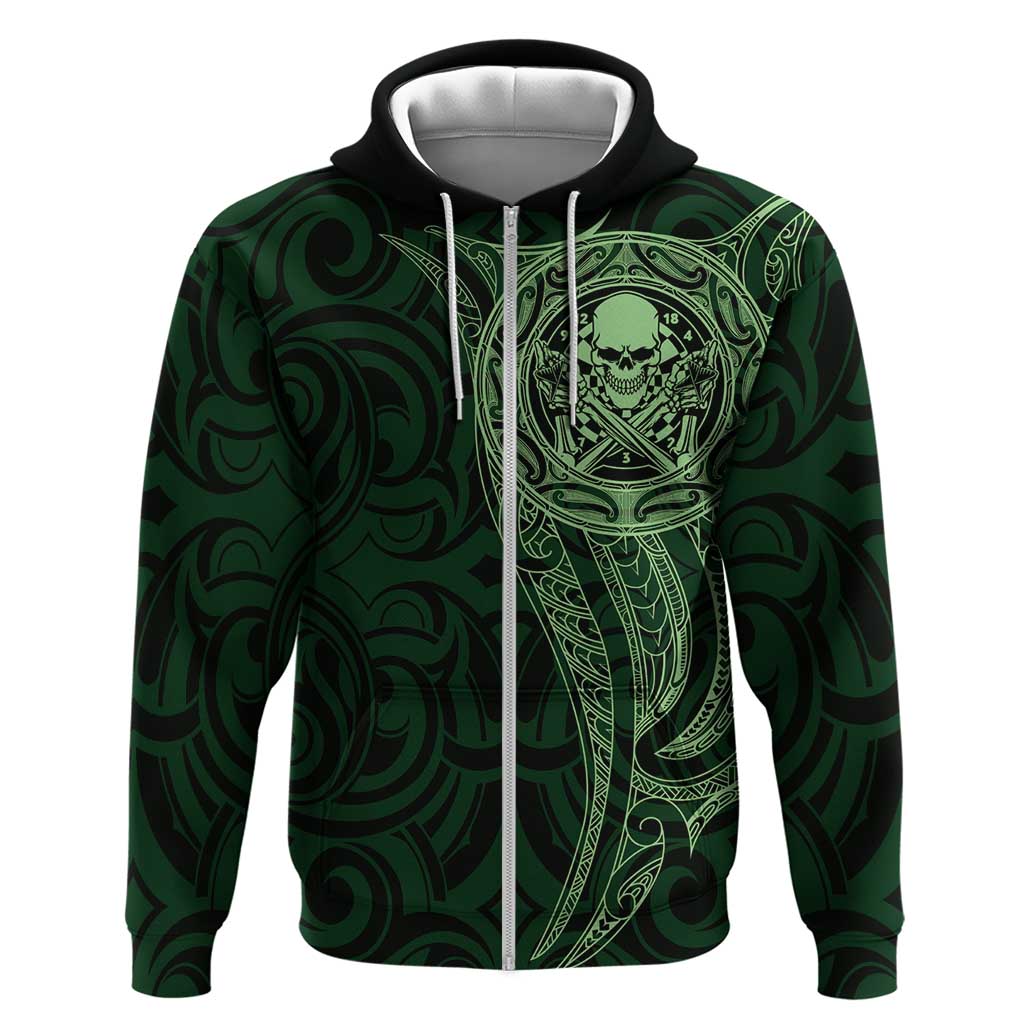 New Zealand Skull Darts Zip Hoodie Aotearoa Maori Chest Tattoo Stylized Green - Aussie Hoodie