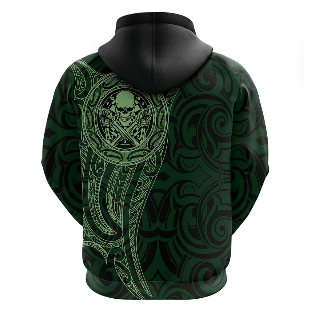 New Zealand Skull Darts Zip Hoodie Aotearoa Maori Chest Tattoo Stylized Green - Aussie Hoodie