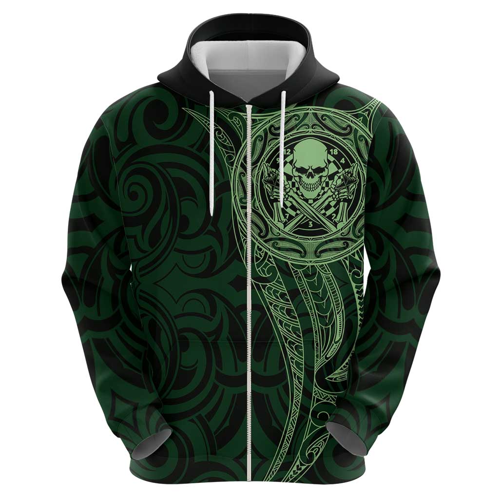 New Zealand Skull Darts Zip Hoodie Aotearoa Maori Chest Tattoo Stylized Green - Aussie Hoodie
