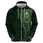 New Zealand Skull Darts Zip Hoodie Aotearoa Maori Chest Tattoo Stylized Green - Aussie Hoodie