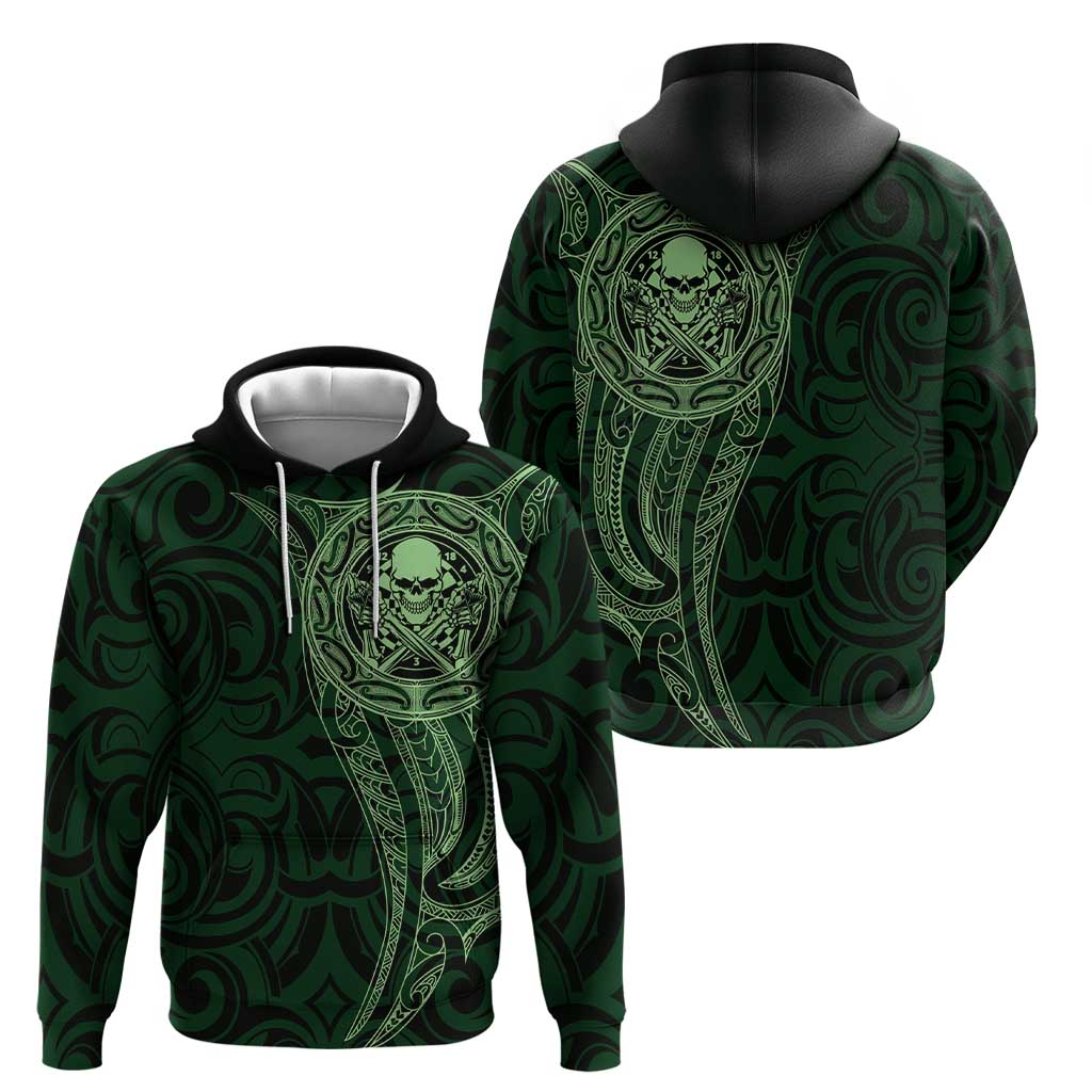 New Zealand Skull Darts Zip Hoodie Aotearoa Maori Chest Tattoo Stylized Green - Aussie Hoodie