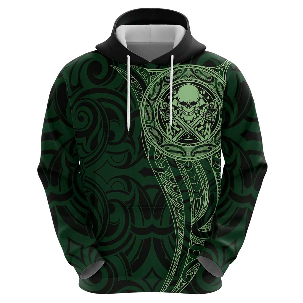 New Zealand Skull Darts Zip Hoodie Aotearoa Maori Chest Tattoo Stylized Green - Aussie Hoodie