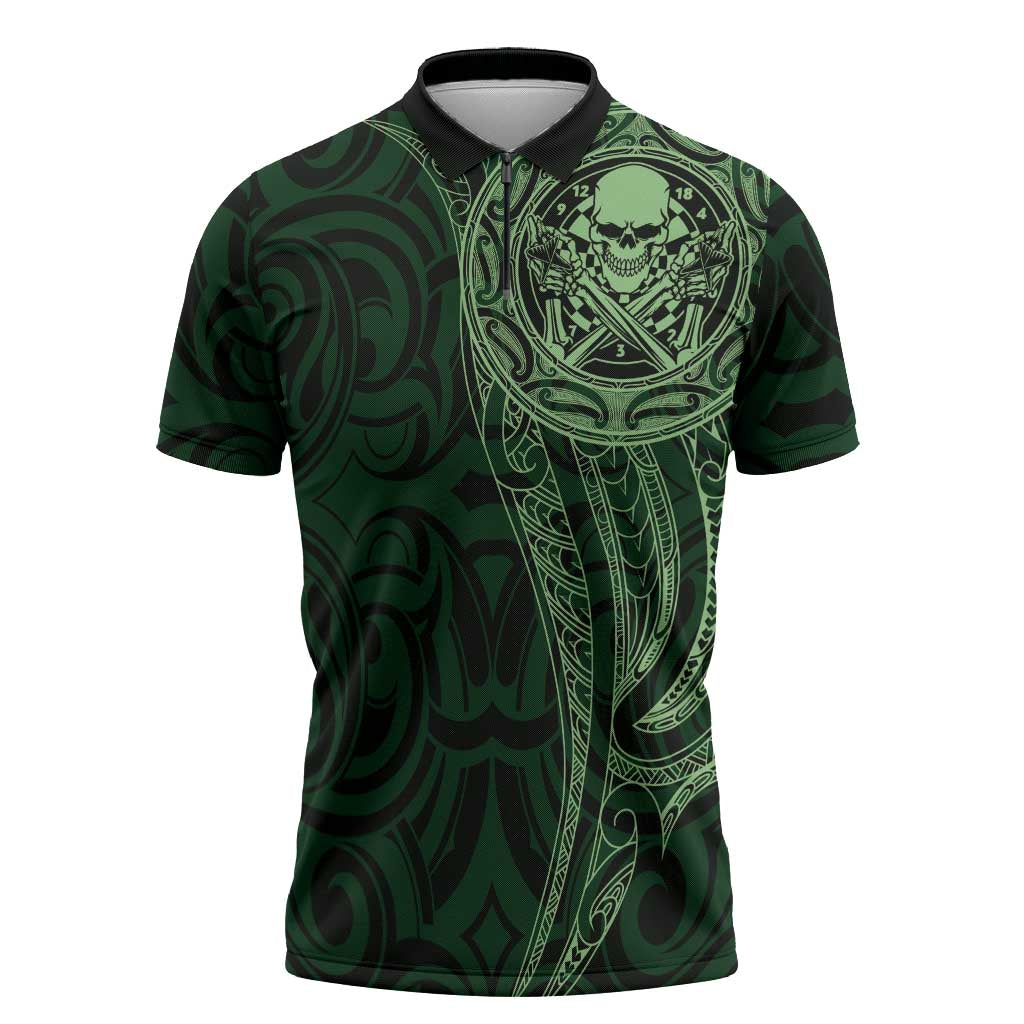 New Zealand Skull Darts Zipper Polo Shirt Aotearoa Maori Chest Tattoo Stylized Green - Aussie Hoodie