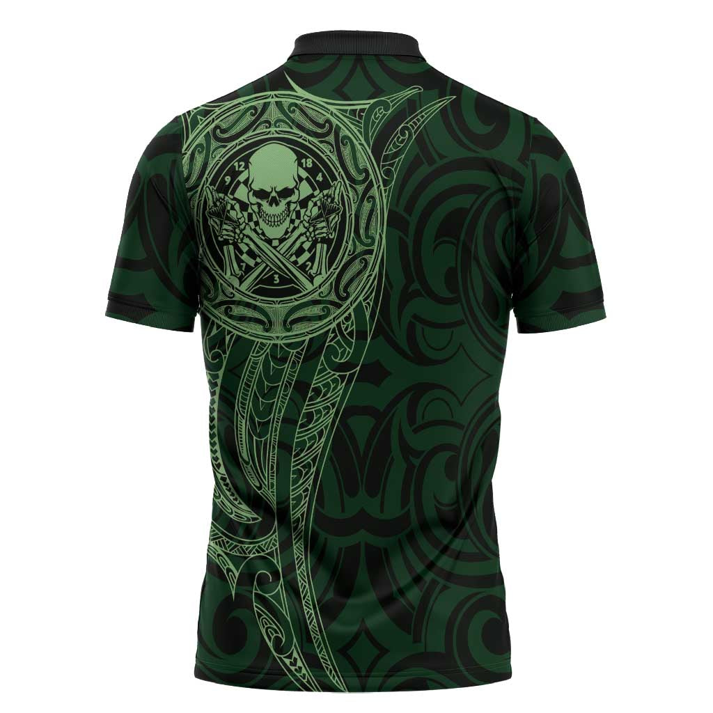 New Zealand Skull Darts Zipper Polo Shirt Aotearoa Maori Chest Tattoo Stylized Green - Aussie Hoodie
