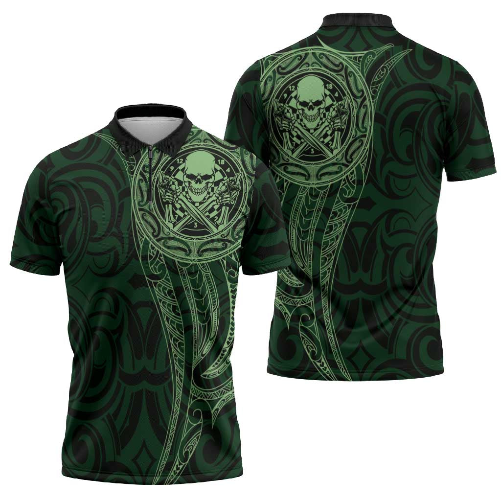 New Zealand Skull Darts Zipper Polo Shirt Aotearoa Maori Chest Tattoo Stylized Green - Aussie Hoodie