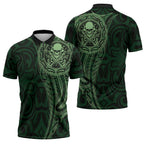 New Zealand Skull Darts Zipper Polo Shirt Aotearoa Maori Chest Tattoo Stylized Green - Aussie Hoodie