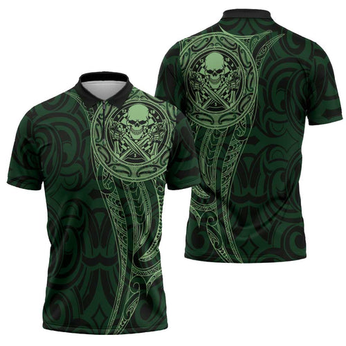 New Zealand Skull Darts Zipper Polo Shirt Aotearoa Maori Chest Tattoo Stylized Green - Aussie Hoodie