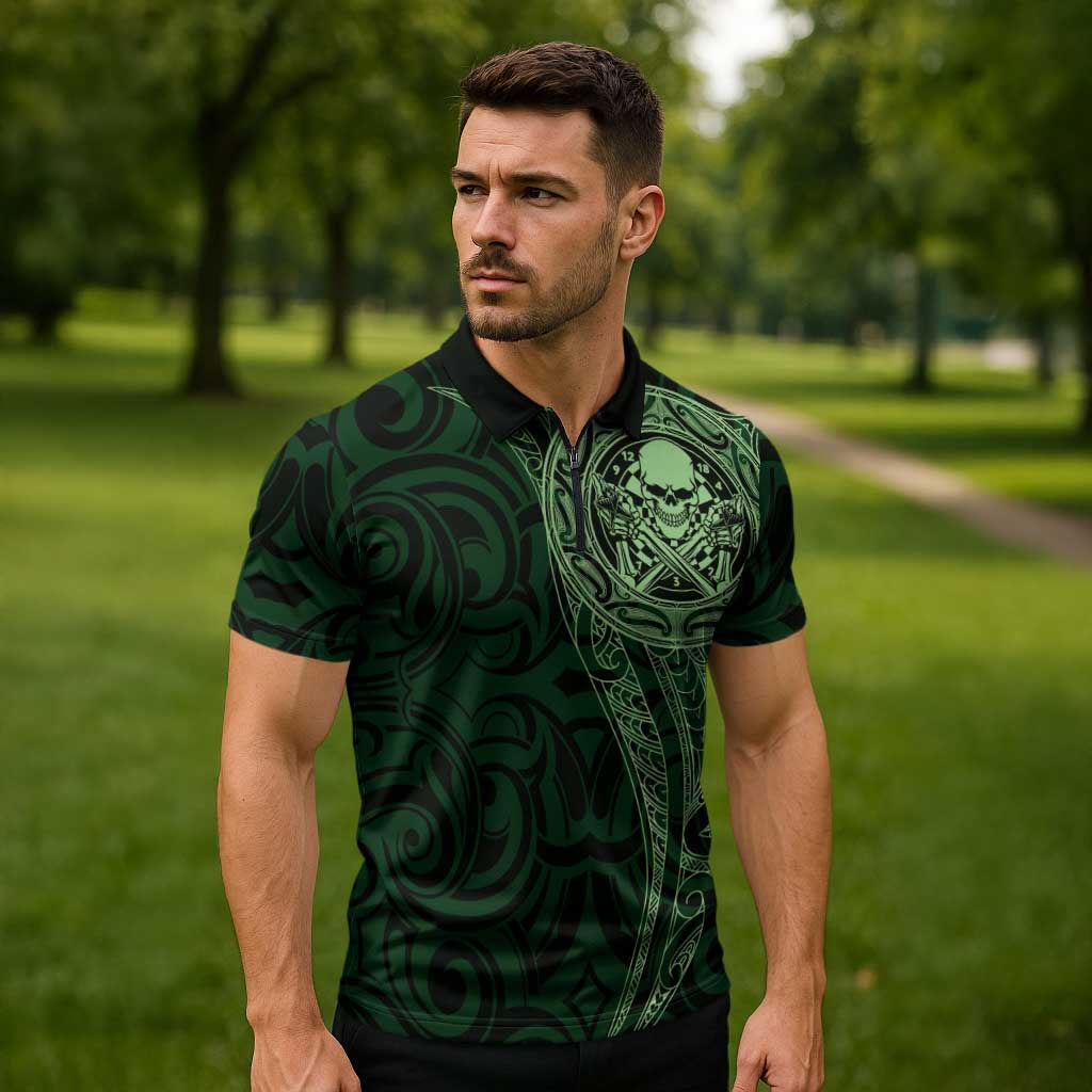New Zealand Skull Darts Zipper Polo Shirt Aotearoa Maori Chest Tattoo Stylized Green - Aussie Hoodie