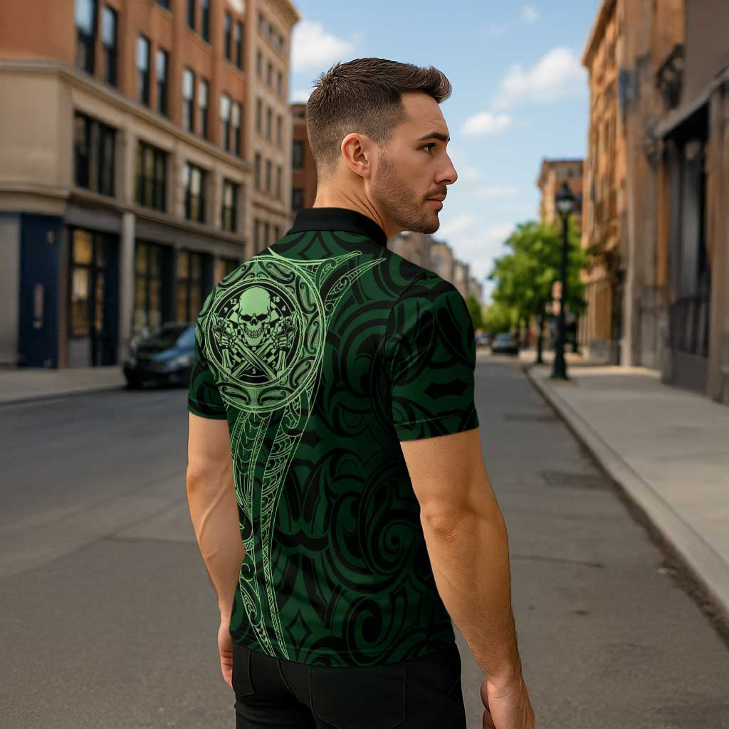 New Zealand Skull Darts Zipper Polo Shirt Aotearoa Maori Chest Tattoo Stylized Green - Aussie Hoodie