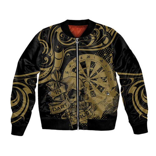 New Zealand Darts Bomber Jacket Skull In Dart We Trust Maori Pattern - Aussie Hoodie