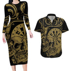 New Zealand Darts Couples Matching Long Sleeve Bodycon Dress and Hawaiian Shirt Skull In Dart We Trust Maori Pattern - Aussie Hoodie