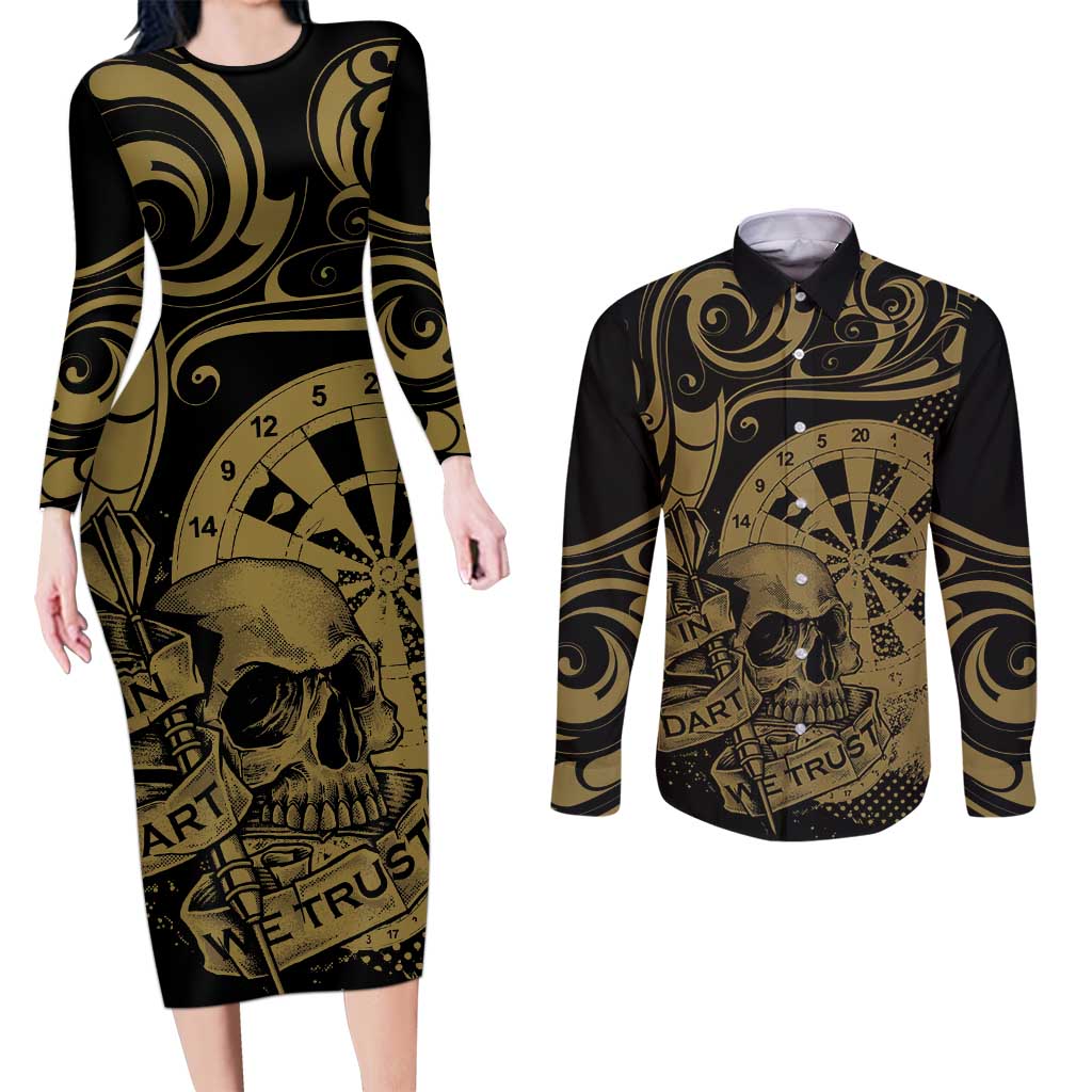 New Zealand Darts Couples Matching Long Sleeve Bodycon Dress and Long Sleeve Button Shirt Skull In Dart We Trust Maori Pattern - Aussie Hoodie
