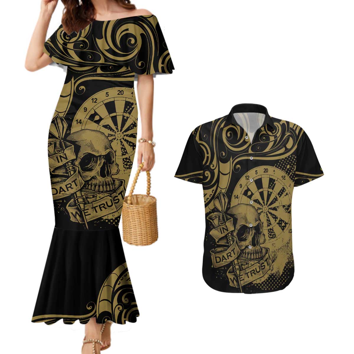New Zealand Darts Couples Matching Mermaid Dress and Hawaiian Shirt Skull In Dart We Trust Maori Pattern - Aussie Hoodie
