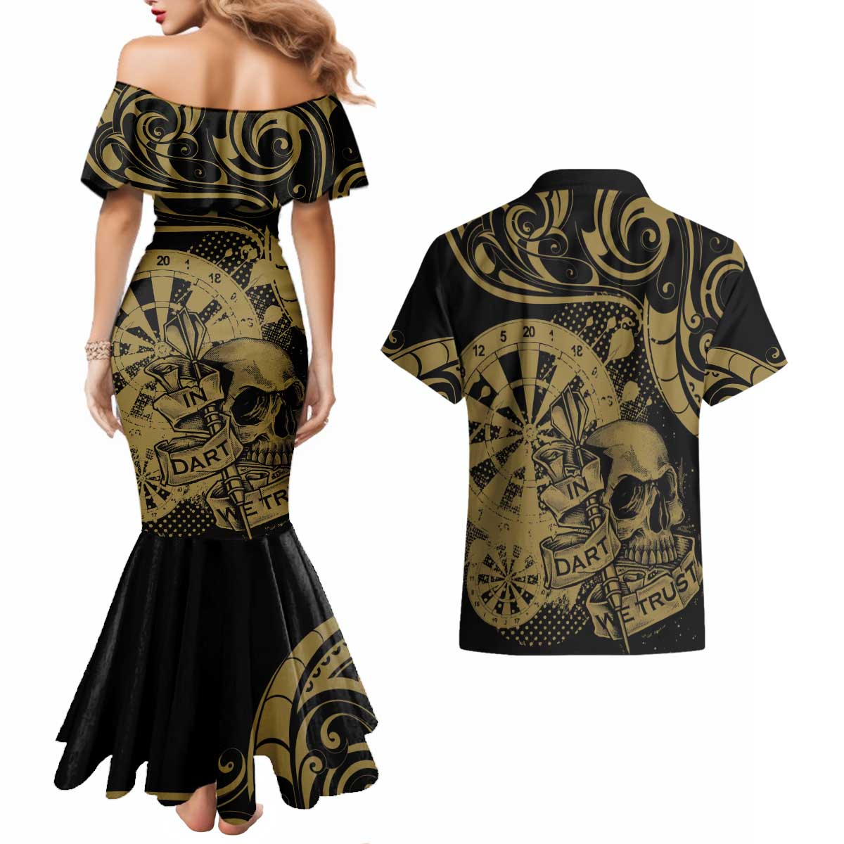 New Zealand Darts Couples Matching Mermaid Dress and Hawaiian Shirt Skull In Dart We Trust Maori Pattern - Aussie Hoodie