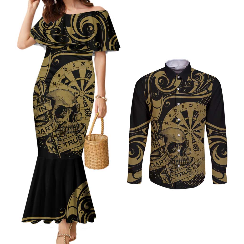New Zealand Darts Couples Matching Mermaid Dress and Long Sleeve Button Shirt Skull In Dart We Trust Maori Pattern - Aussie Hoodie