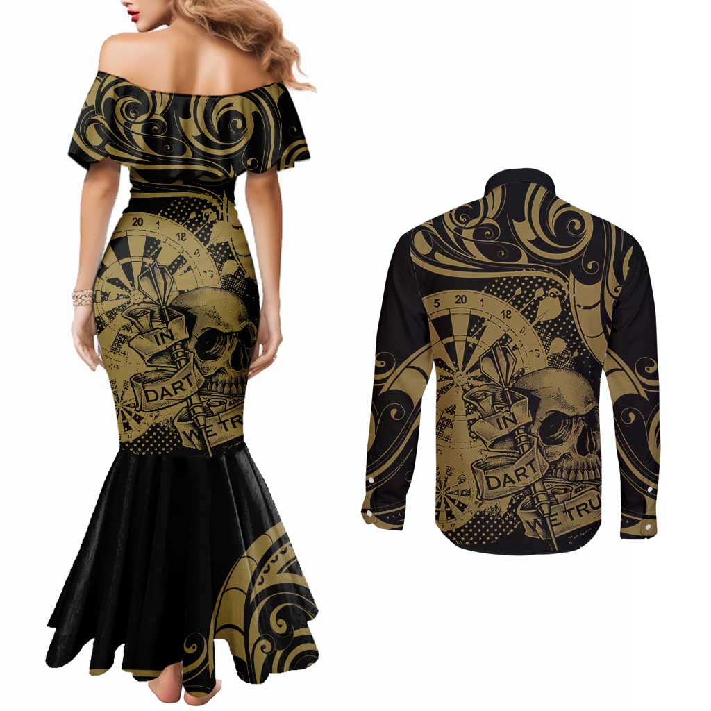New Zealand Darts Couples Matching Mermaid Dress and Long Sleeve Button Shirt Skull In Dart We Trust Maori Pattern - Aussie Hoodie
