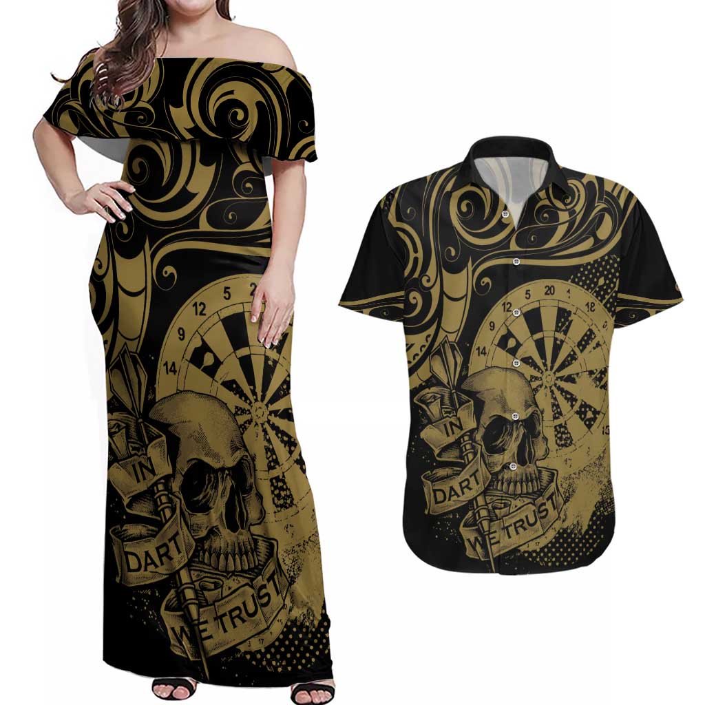 New Zealand Darts Couples Matching Off Shoulder Maxi Dress and Hawaiian Shirt Skull In Dart We Trust Maori Pattern - Aussie Hoodie