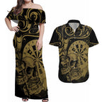 New Zealand Darts Couples Matching Off Shoulder Maxi Dress and Hawaiian Shirt Skull In Dart We Trust Maori Pattern - Aussie Hoodie