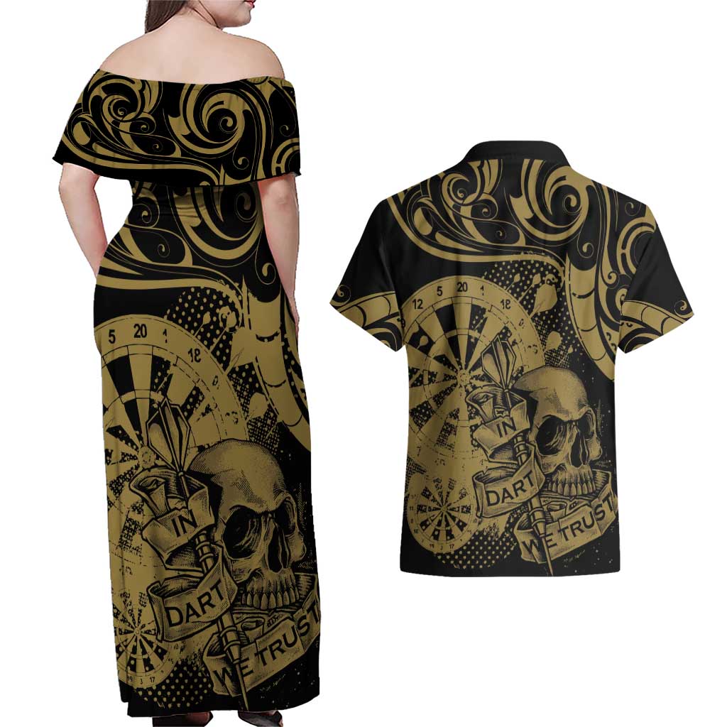 New Zealand Darts Couples Matching Off Shoulder Maxi Dress and Hawaiian Shirt Skull In Dart We Trust Maori Pattern - Aussie Hoodie