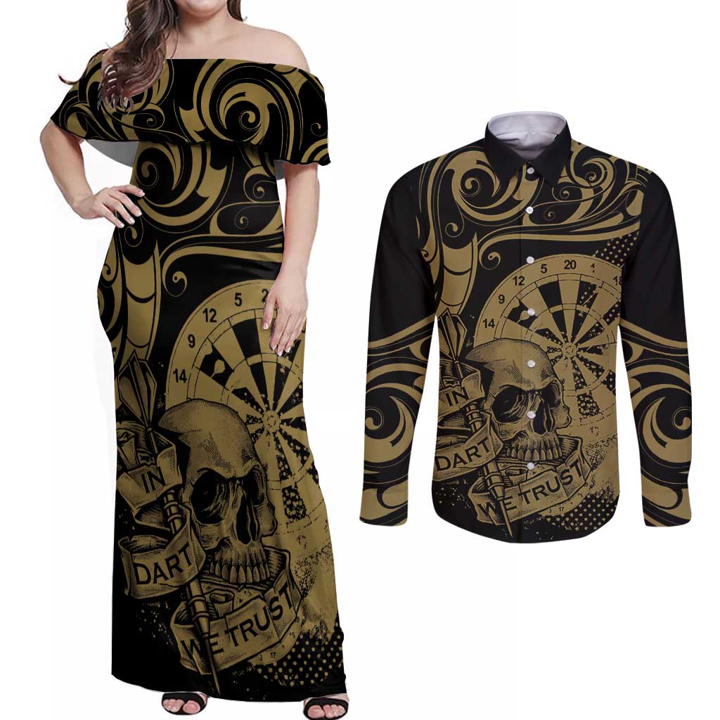 New Zealand Darts Couples Matching Off Shoulder Maxi Dress and Long Sleeve Button Shirt Skull In Dart We Trust Maori Pattern - Aussie Hoodie