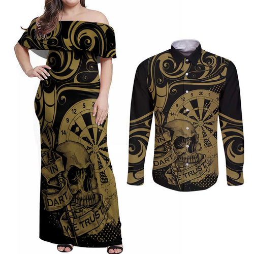 New Zealand Darts Couples Matching Off Shoulder Maxi Dress and Long Sleeve Button Shirt Skull In Dart We Trust Maori Pattern - Aussie Hoodie