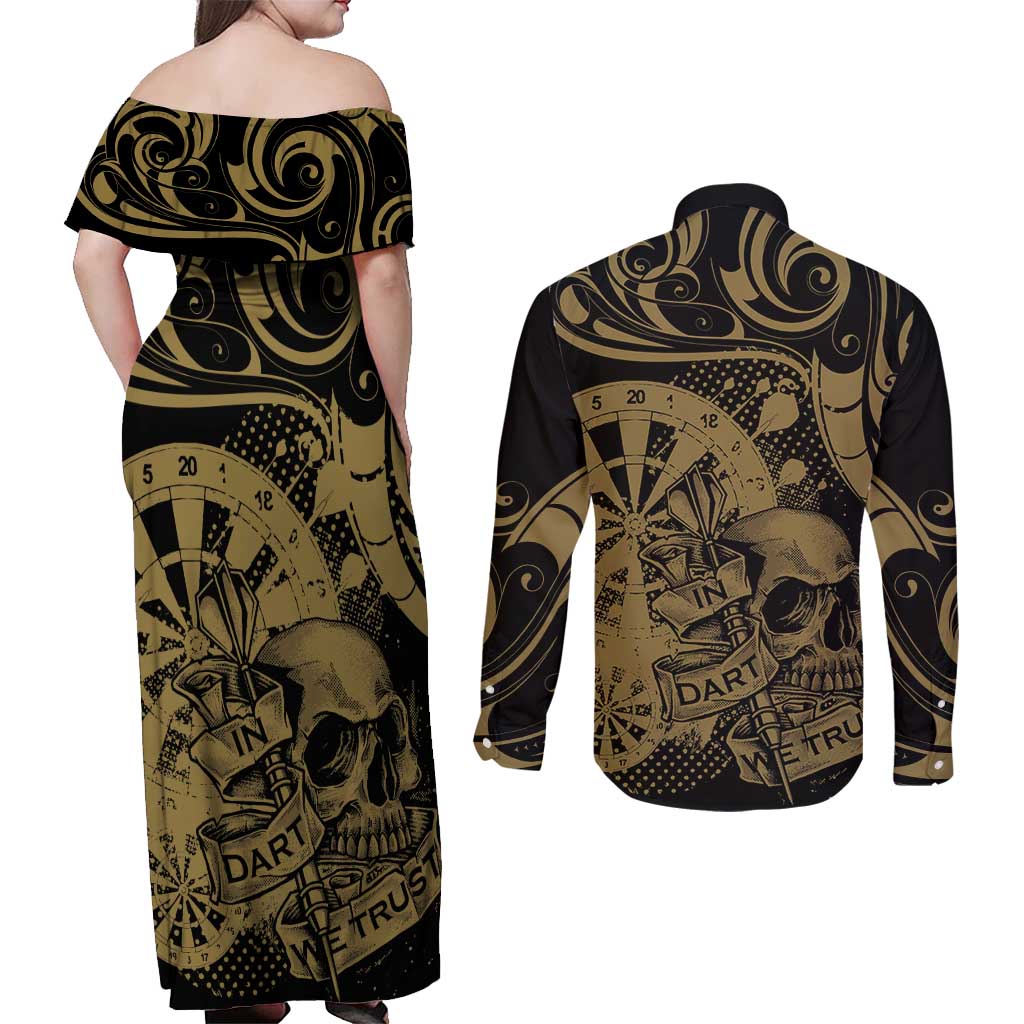 New Zealand Darts Couples Matching Off Shoulder Maxi Dress and Long Sleeve Button Shirt Skull In Dart We Trust Maori Pattern - Aussie Hoodie