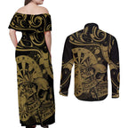 New Zealand Darts Couples Matching Off Shoulder Maxi Dress and Long Sleeve Button Shirt Skull In Dart We Trust Maori Pattern - Aussie Hoodie