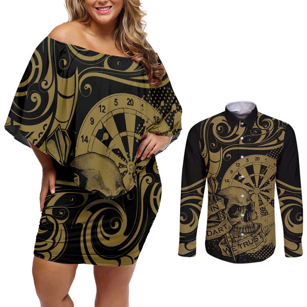 New Zealand Darts Couples Matching Off Shoulder Short Dress and Long Sleeve Button Shirt Skull In Dart We Trust Maori Pattern - Aussie Hoodie